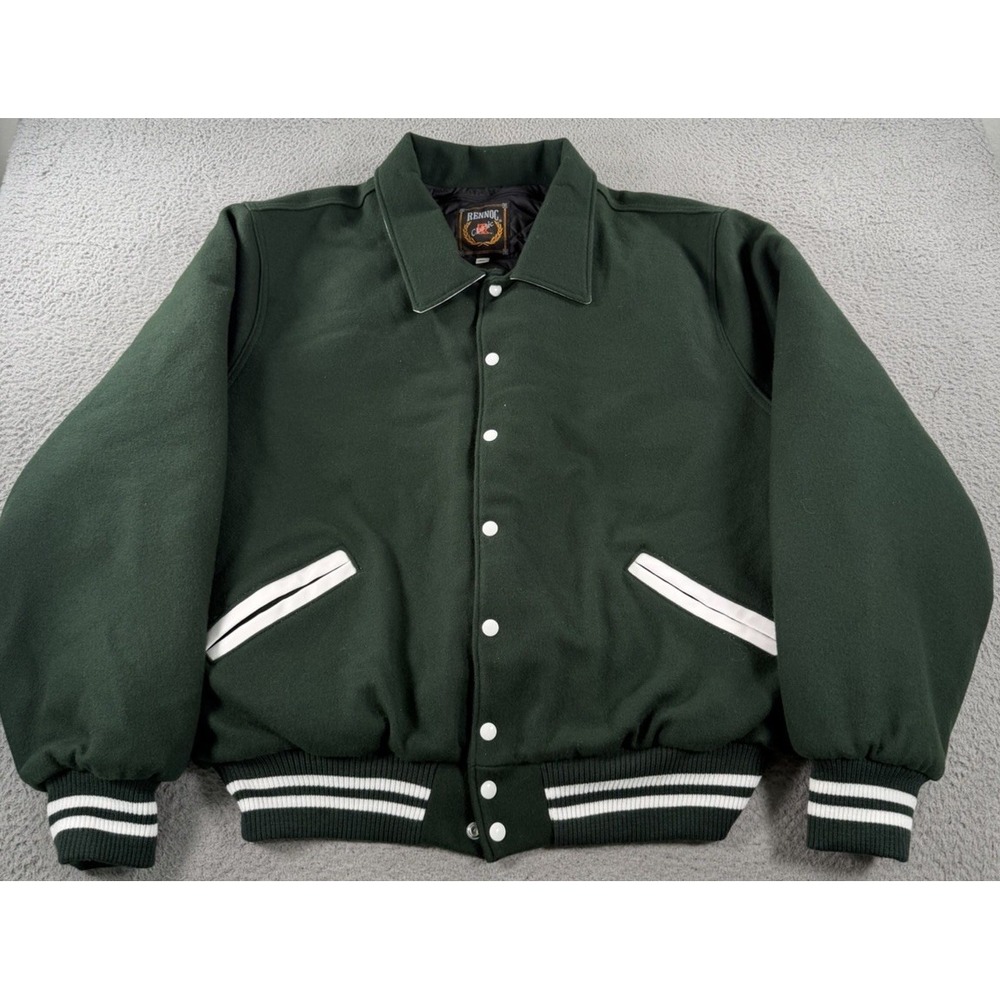 VTG Rennoc Classic Varsity Jacket Men 2XL Green White Wool Blend Letterman Snap